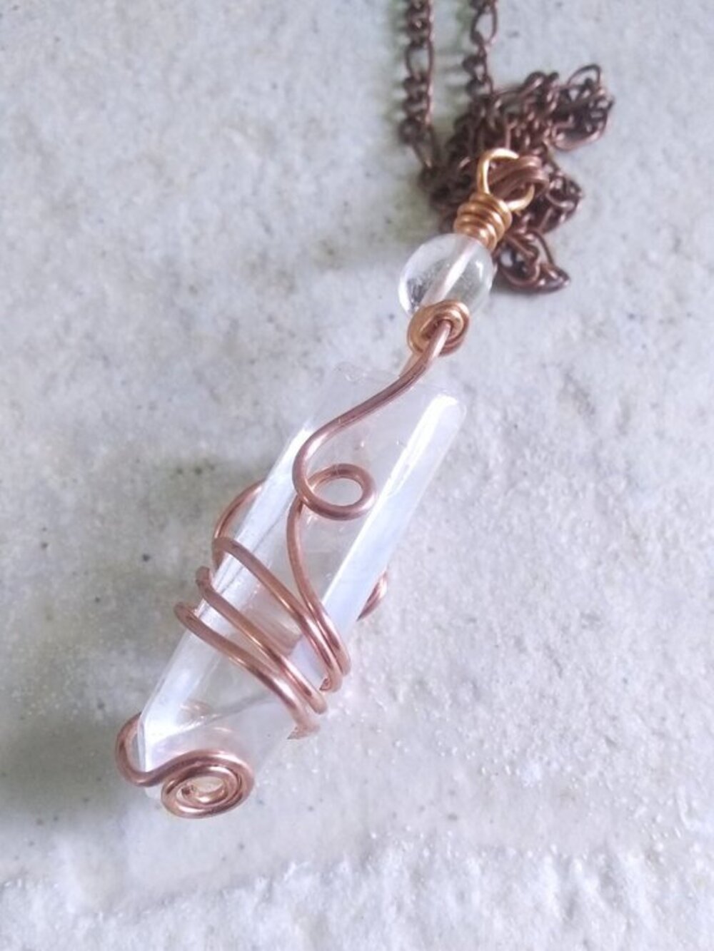 Clear Angel Aura Quartz Pendant & Chain! Wire Wrapped! Unique! Memory + Focus